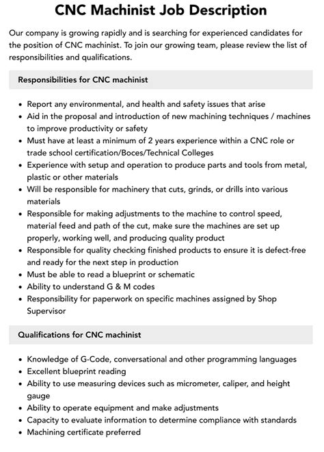 cnc machinist roles and responsibilities